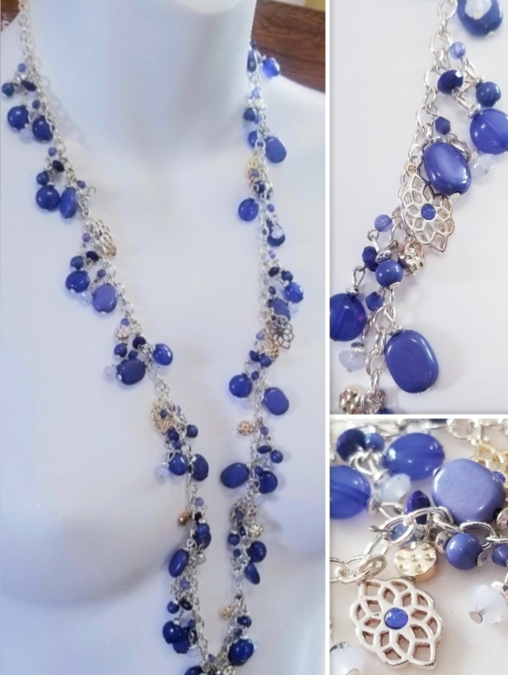 Blue Cascade beaded Necklace with Filigree Charms On Silver Chain